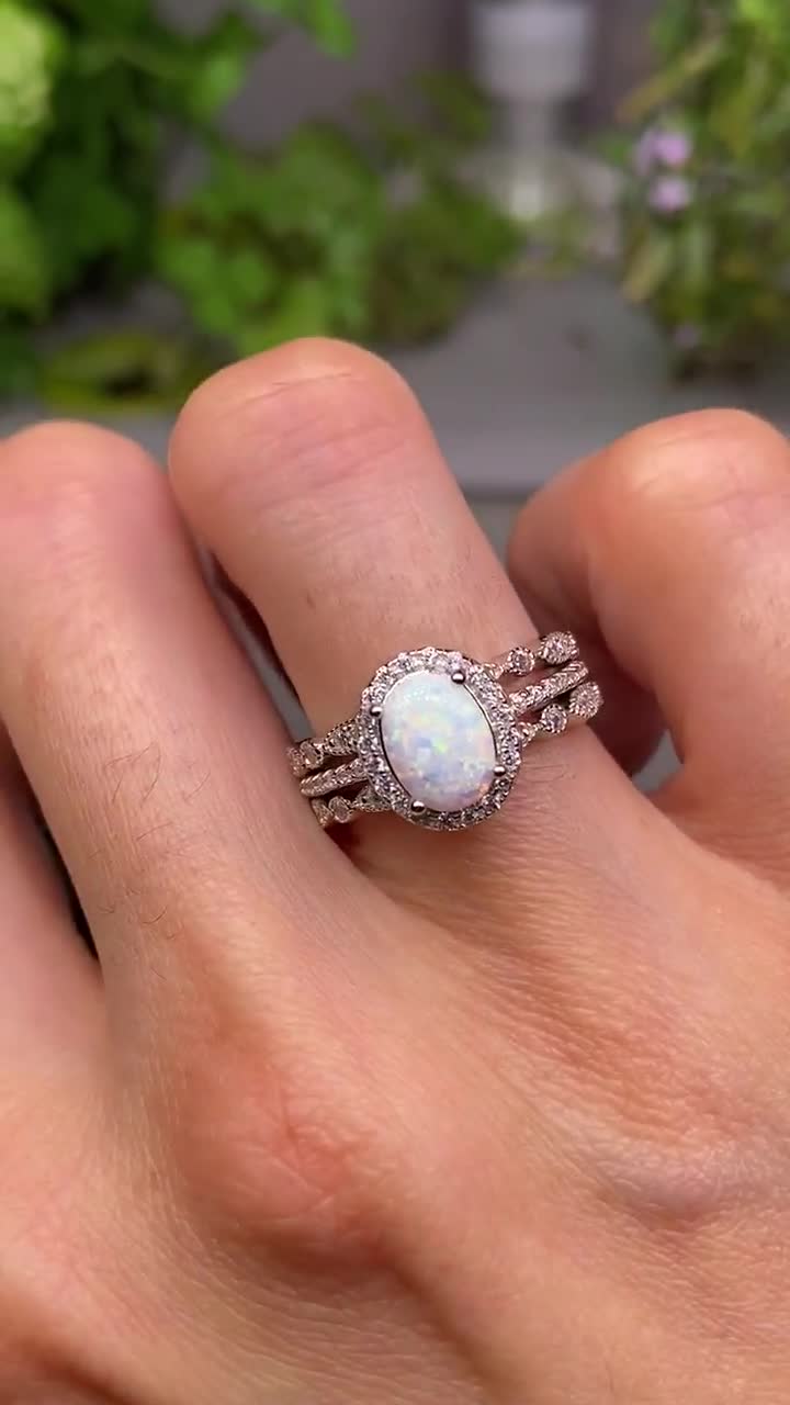 White Opal Ring-Royal Fire Opal Ring-Opal Ring Wedding Set-CZ Rings-Three Ring Engagement Set-Halo Ring-3 Ring Set-Oval Ring-Promise Ring Sieraden Ringen Banden 