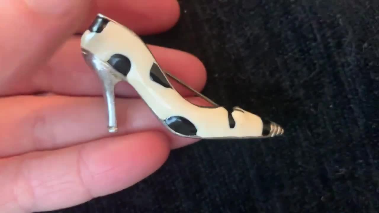 Vintage High heel stiletto shoe fashion Brooch Pin  silver and Dalmatian black and white enamel pattern