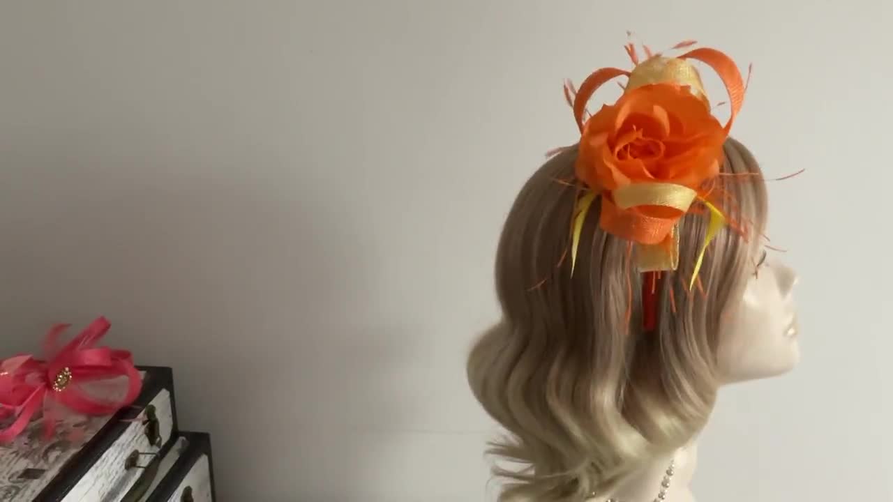 A NEON ORANGE and YELLOW Fascinator on headband feathers With Sinamay Weddings Accessories Hair Accessories Fascinators & Mini Hats flower 
