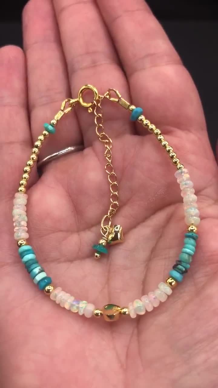 Sleeping Beauty Turquoise Ethiopian Welo Opal Bracelet December Birthstone 24K Gold Vermeil October Birthstone Delicate Beaded Bracelet. Gold Fill 