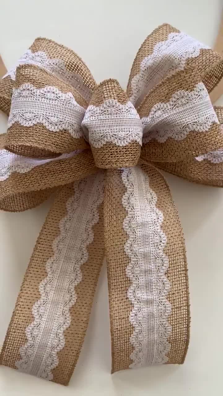 Set of Two Burlap and Lace Bows You CUSTOMIZE LACE COLOR with Custom Size 6 and 4 Width for Table Runner Chair Wreath Wine Bottle Decor 
