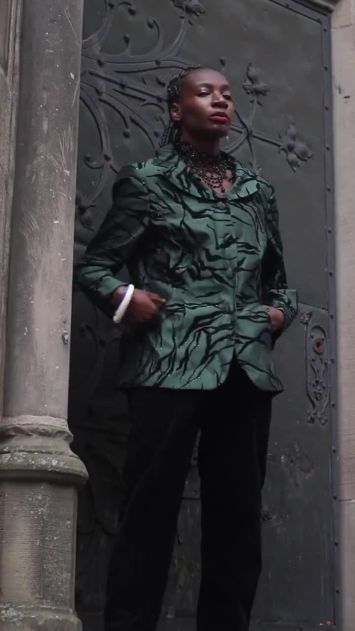 Glamorous outerwear 90s Zebra Print Blazer Vintage Green Blazer with Statement Collar and pockets