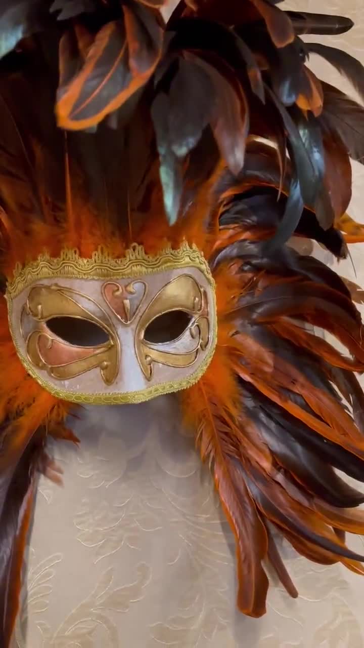 Brasilianische Karnevalmaske m Federn Orange Maskerade Venezianische Federmaske 