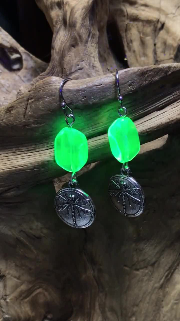 Uranium Dragonfly Earrings Fluorescent UV Reactive pond bug insect  damselfly steampunk costume cosplay blacklight reactive jewelry accessory